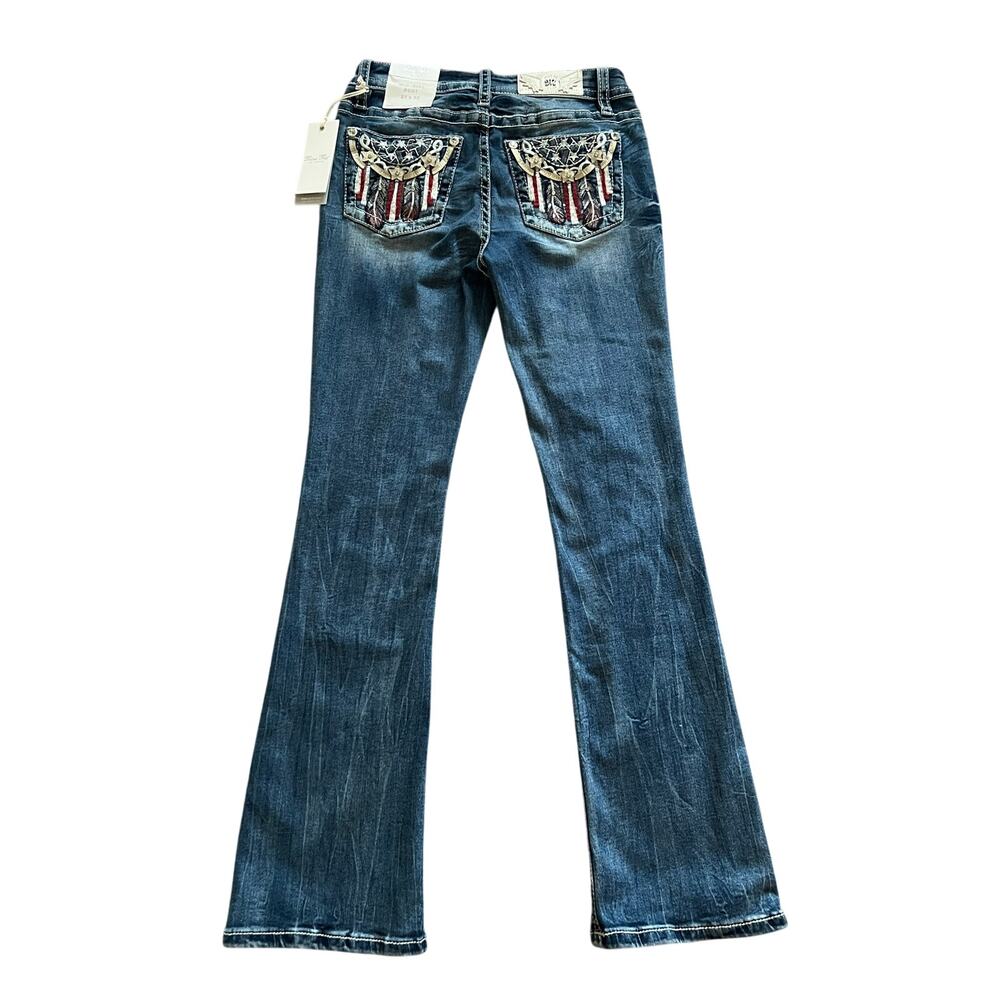 $134 NWT Miss Me Mid Rise Boot Cut Jeans Feather Star Dreamcatcher Sequins Sz 27 - Picture 2 of 7